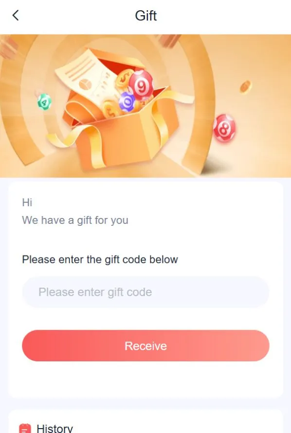 Screen showing the Gift Code input box